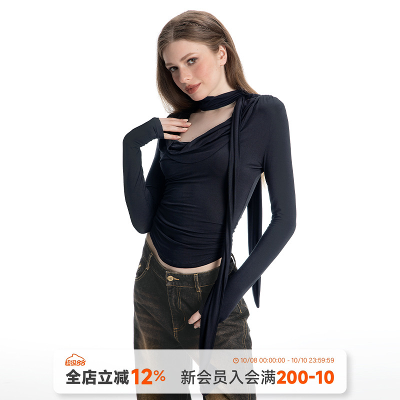 ABMY 沙丘美学 美式荡领褶皱T恤女修身百搭设计长袖内搭打底上衣