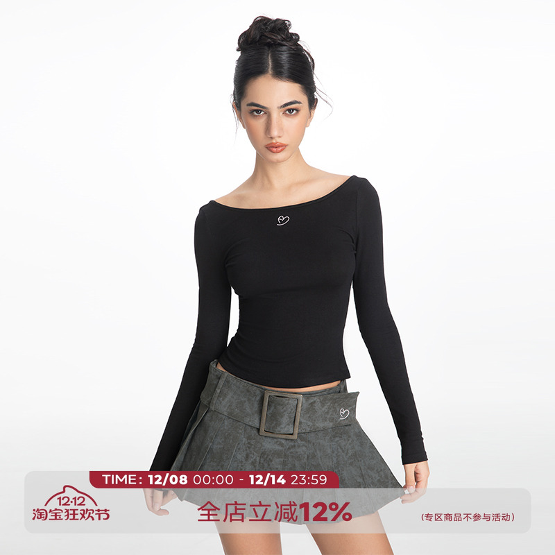 高弹针织粉色长袖T恤女