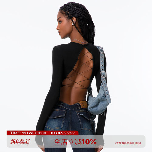 后背绑带露背针织T恤辣妹带胸垫