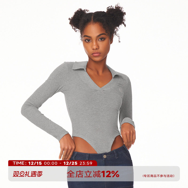 美式Polo领v领长袖连体衣修身