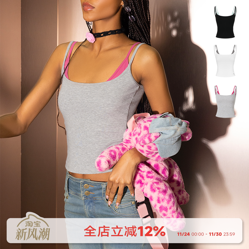 noBra by ABMY 辣妹修身撞色假两件吊带背心女带胸垫内搭白色上衣