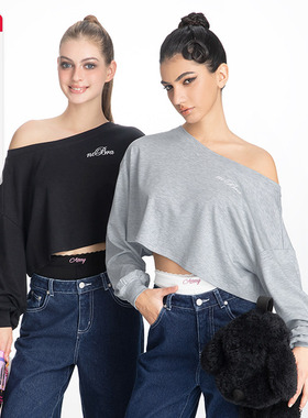 ABMY 多种穿法斜肩凉感T恤女宽松休闲慵懒感高腰显瘦套头长袖上衣