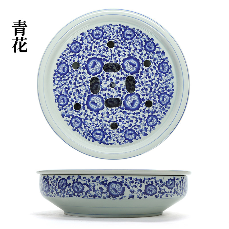 陶瓷茶盘中式复古青花瓷圆形蓄水式中号茶船茶海功夫茶具托盘家用