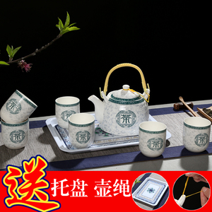 耐高温大容量茶壶茶具整套提梁壶茶具景德镇青花瓷大茶壶茶杯家用