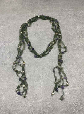 B1百搭绿色绢纱丝带碎石项链紫水晶珍珠流苏小众高级感长款配饰女