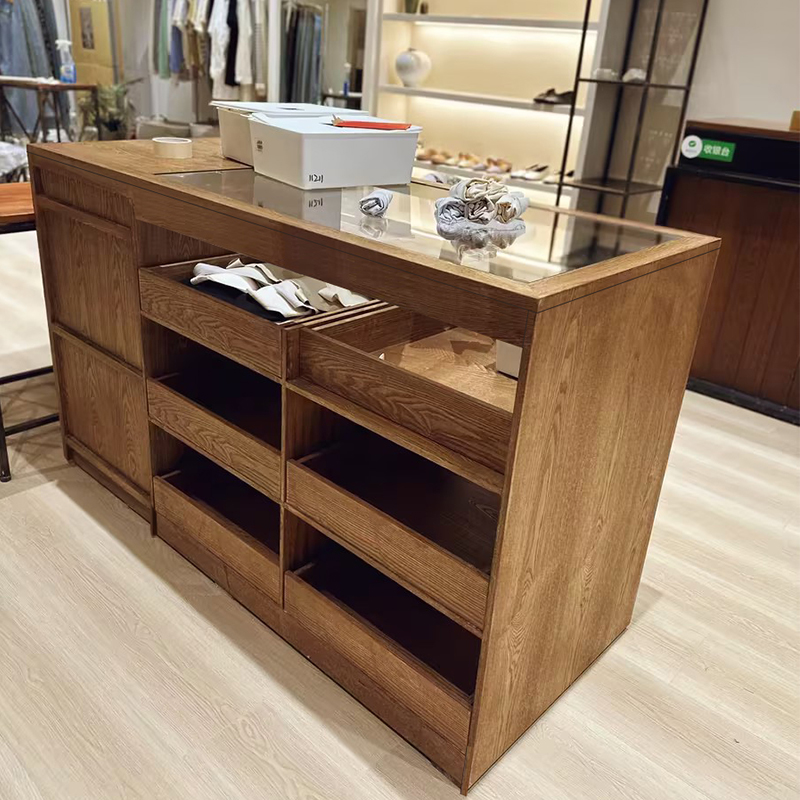 胡桃木色中岛桌带7抽屉免漆工艺