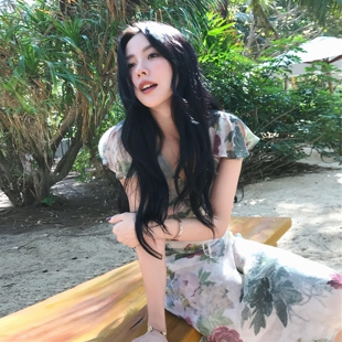 瑾姑娘【玫瑰】油画感~法式复古茶歇长裙子斜裁V领修身碎花连衣裙