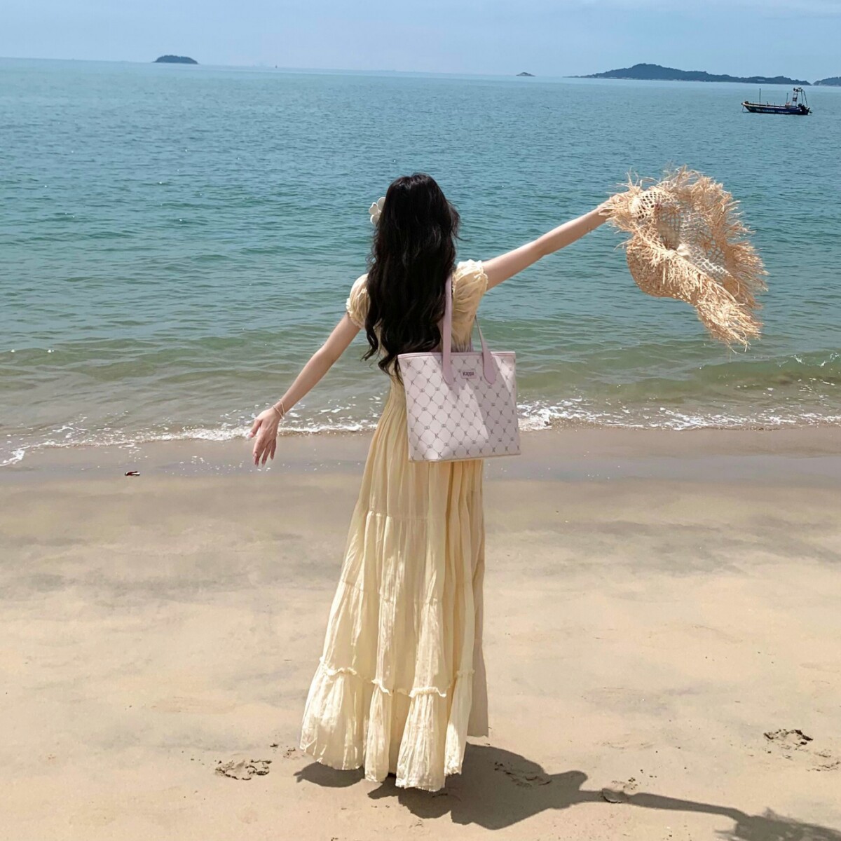 瑾姑娘【小黄裙】法式优雅锁骨温柔长裙子纯棉系带褶皱收腰连衣裙
