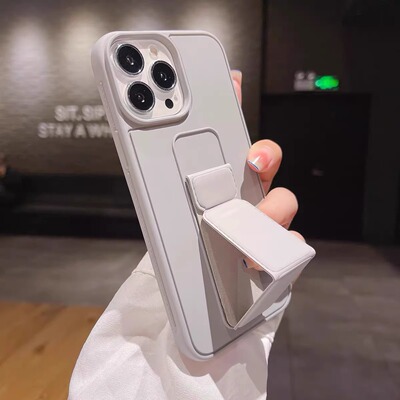 苹果16pm纯色创意折叠支架壳适用苹果14Pro/13防摔全包11/12皮纹手机壳xs/xr磨砂肤感78plus高级感7/8男女壳
