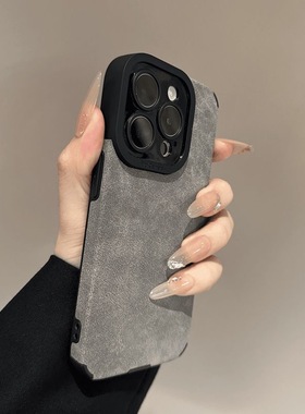 简约16翻毛皮苹果15手机壳14promax软防摔12/11灰色X男女iPhone13硅胶保护套16promax新款plus小众全包镜头xs