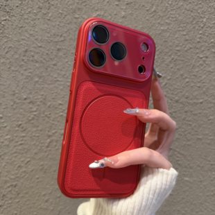 ins秋冬新年红色背板荔枝皮纹适用iPhone16pro新款苹果17ProMax手机壳男女15高级14磁吸16防摔13镜头全包pm