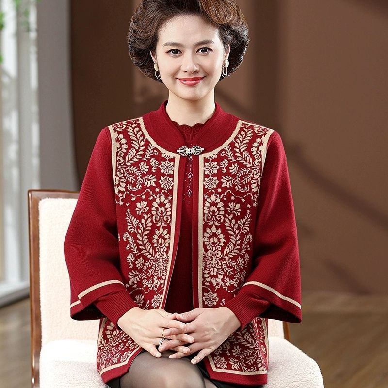 妈妈秋季针织衫外套装喜婆婆婚宴装中老年女新年装红色上衣两件套