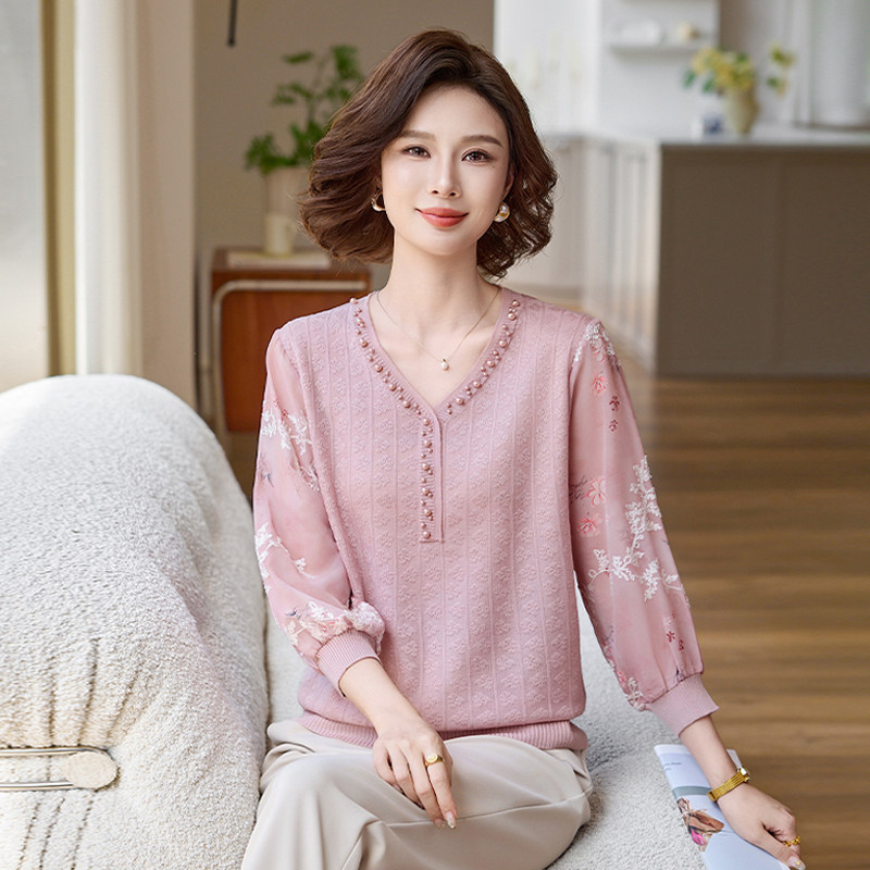 洋气妈妈秋装薄款纱袖上衣中老年女春秋针织T恤时尚打底小衫