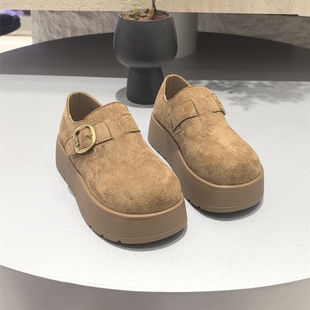 钎度玫瑰全包勃肯鞋女厚底增高新款单鞋金属扣棕色圆头休闲鞋5cm