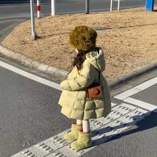 韩版女童冬季中长款软糯显肤白绿色棉服保暖连帽面包服宽松外套潮