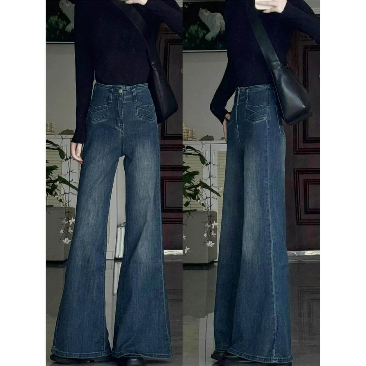 深蓝不贴腿微喇牛仔裤女2025大码胖mm秋季梨型高腰显瘦阔腿喇叭裤