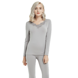 雪竹内衣新品女士打底秋衣秋裤磨绒护膝花边中厚保暖套装18870