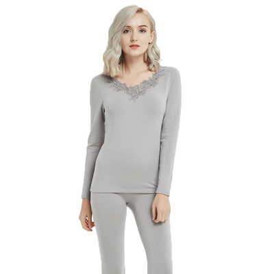 雪竹内衣新品女士打底秋衣秋裤磨绒护膝花边中厚保暖套装18870