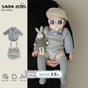 上衣分体童装 男宝背带裤 婴儿衣服男童新款 春季 满月宝宝外出服 套装