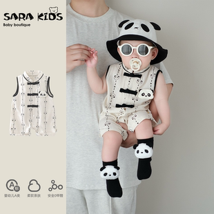 婴儿衣服夏季 背心哈衣夏天婴幼儿包屁衣 百日男宝宝国风连体衣薄款