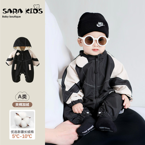 宝宝衣服秋冬款夹棉加绒婴幼儿连体衣冬季婴儿冲锋衣冬装外出爬服