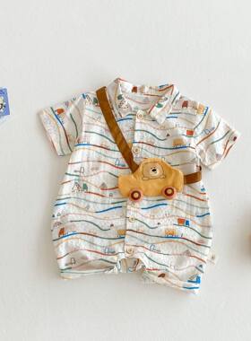 婴儿短袖连体衣夏季薄款宝宝衣服新款衬衫爬服幼儿夏日哈衣外出服