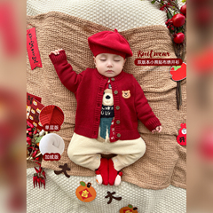 婴儿红色毛衣开衫外套秋冬款婴幼儿喜庆小熊秋装男宝宝针织衫秋季
