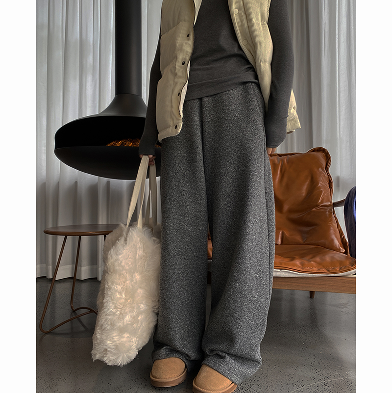 杂灰色保暖直筒阔腿裤女