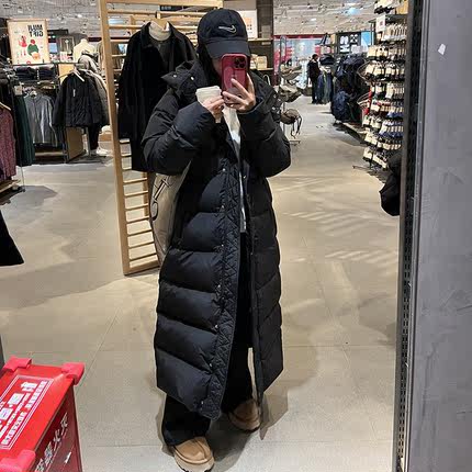 LULUZHANG 经典基础简约百搭鸭绒加厚保暖九格加长款连帽羽绒服女