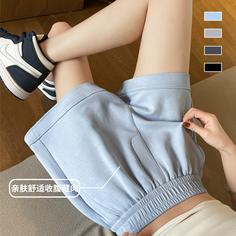 运动短裤女2025新款夏季蓝色高腰外穿三分裤女士跑步休闲阔腿裤子