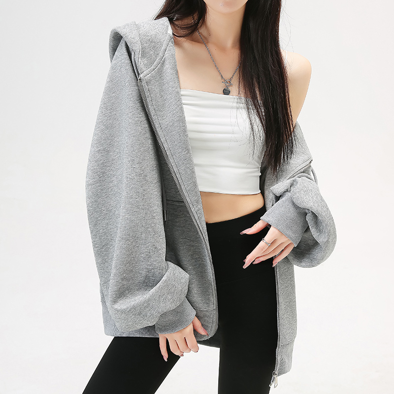 宽松慵懒风连帽拉链卫衣外套女