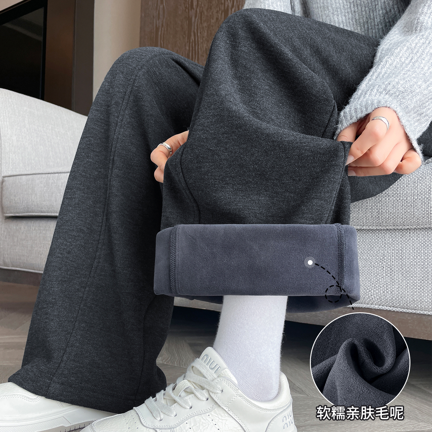 高腰宽松慵懒风梨型报恩毛呢裤子