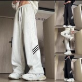 重磅情侣条纹三杆加绒运动休闲裤 春秋宽松直筒卫裤 男潮流束脚长裤