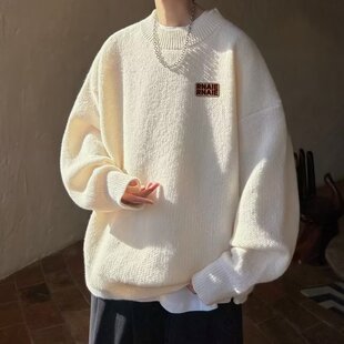 半高领毛衣男秋冬季 保暖外套 慵懒风套头线衣潮牌宽松打底针织衫