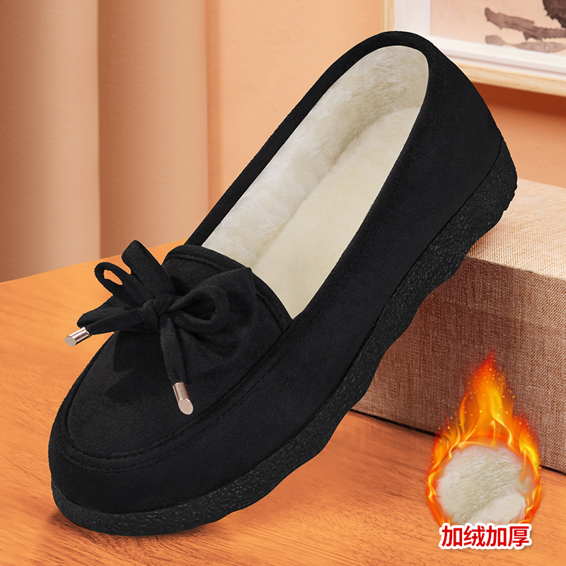 豆豆鞋女冬季加绒黑色工作棉鞋