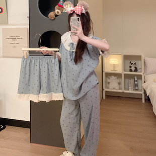 睡衣女款2026新款夏季带胸垫一体式甜美花边可外穿家居服三件套装