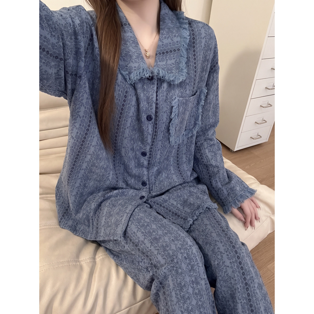 睡衣女款2026新款秋季长袖长裤流苏学生甜美开衫可外穿家居服套装