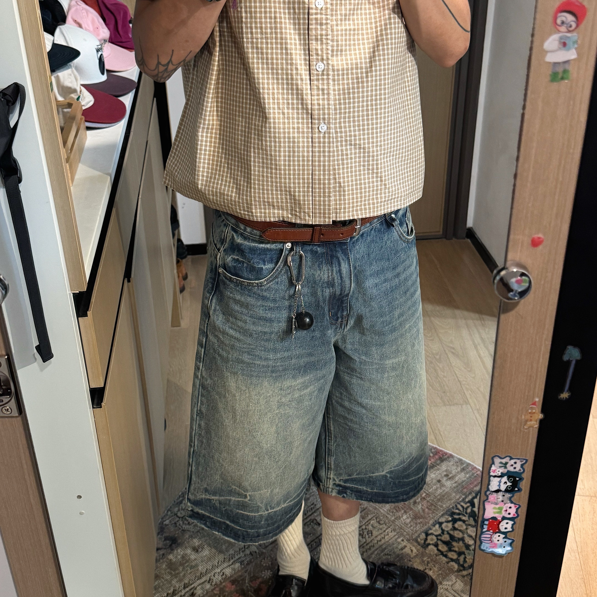 吂司其竹节纱闪电纹A型7分牛仔裤