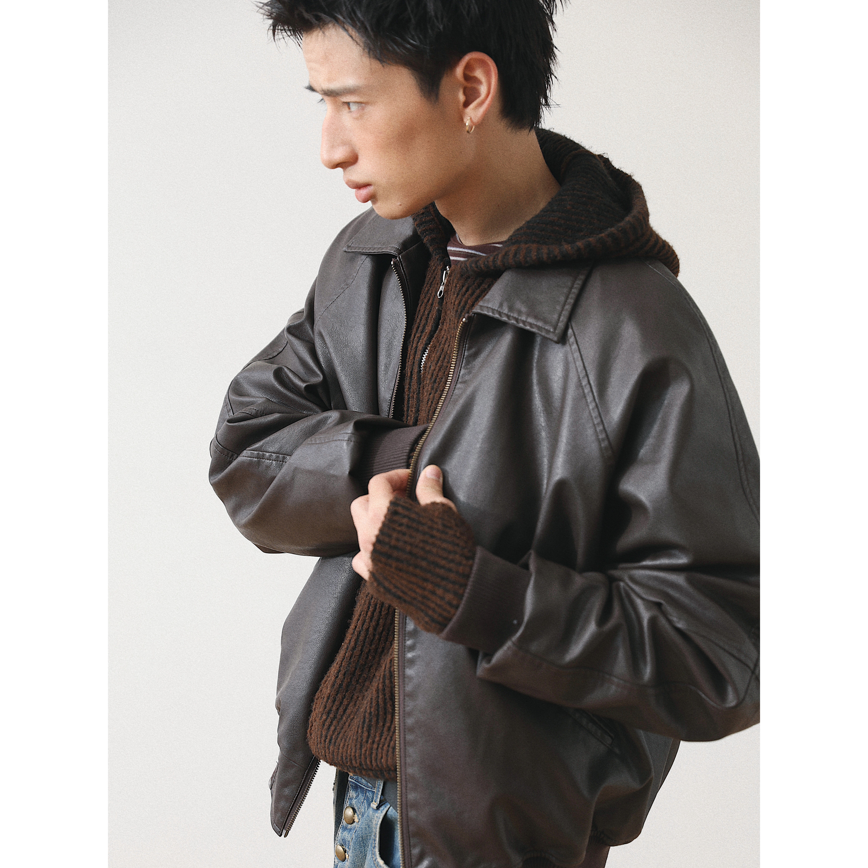 年代感皮衣外套吂司其翻领春秋冬