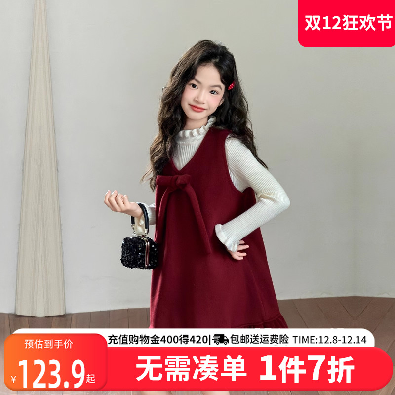 贝田女童冬季红色连衣裙套装