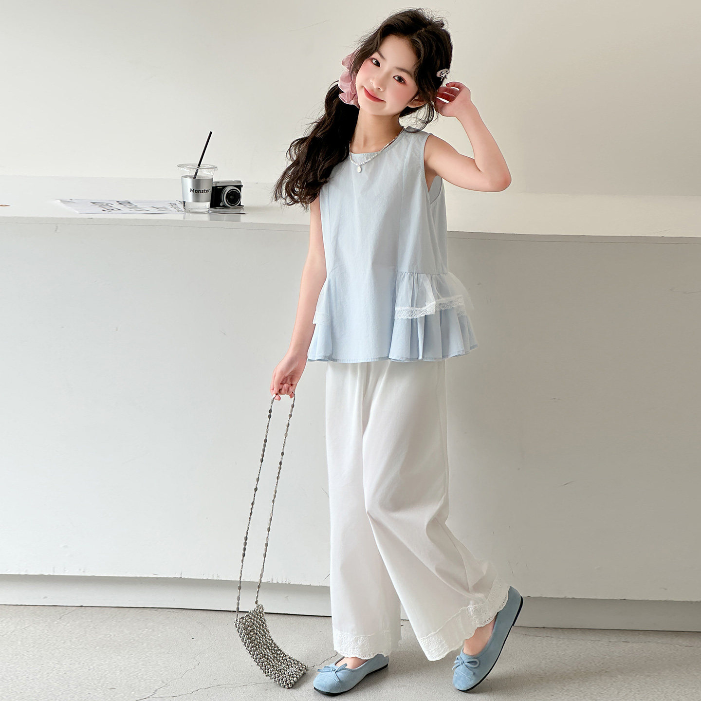 贝田女童夏季时尚洋气套装图片