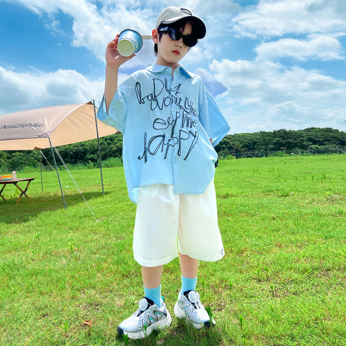 贝田男童夏季潮酷短袖衬衫套装图片