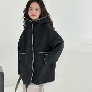 贝田女童长款毛呢外套冬季2025新款儿童夹棉加厚女孩洋气动作大衣