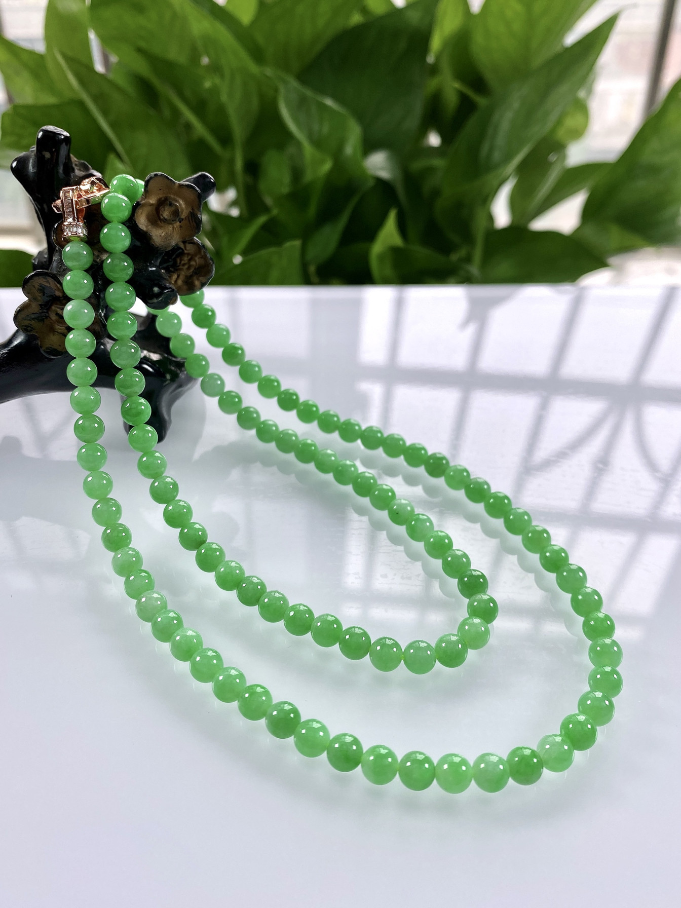 缅甸天然翡翠A货，卡5.6冰糯种满绿阳绿圆珠项链手链3400