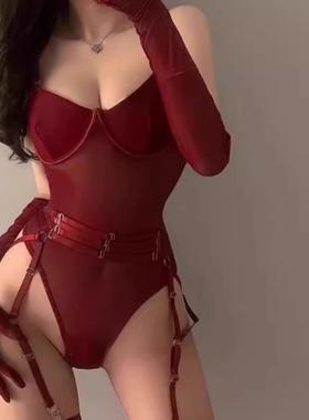 性感红色连体内衣房事床上趣味衣服制服火辣诱惑老公禁欲女仆qqny