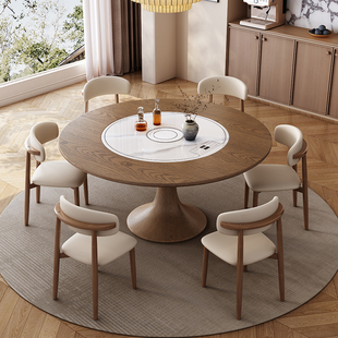 白蜡木实木圆餐桌椅组合内嵌电动转盘火锅电磁炉暖菜板中古风圆桌