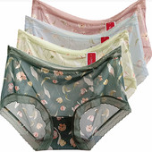 彩田花仙子内裤 超薄款 印花冰丝中腰面膜透蕾丝边性感抗菌日系甜美