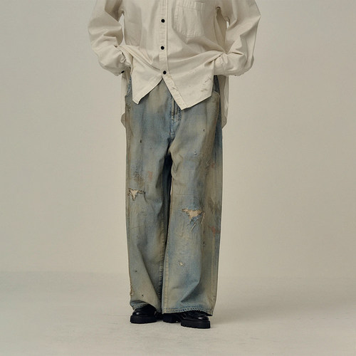 现货授权ANCELLM 04 AGING01 复古做旧宽松直筒牛仔裤25FW