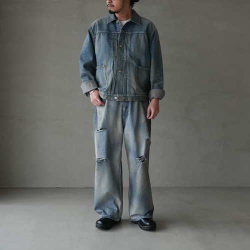 现货ANCELLM DAMAGE WIDE 5P DENIM PANTS复古做旧破洞牛仔裤26SS
