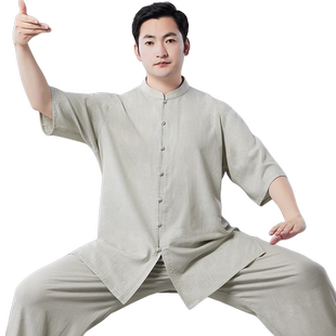 亚麻短袖太极服男2026新款夏季薄款八段锦练功服表演棉麻太极服装